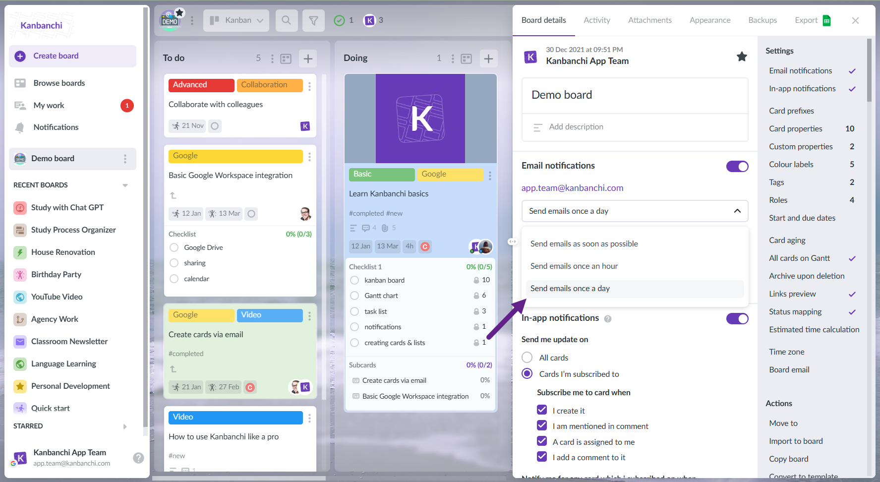 kanbanchi notifications options