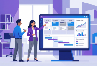 Professionals evaluating a project management software dashboard with Gantt charts and Kanban boards