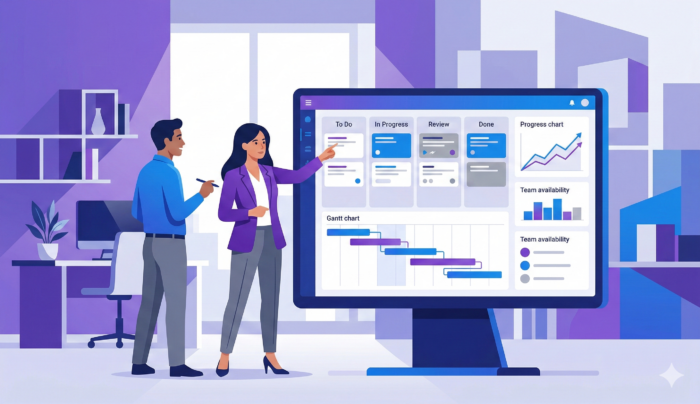 How to Choose Project Management Software: A Complete Selection Guide Professionals evaluating a project management software dashboard with Gantt charts and Kanban boards