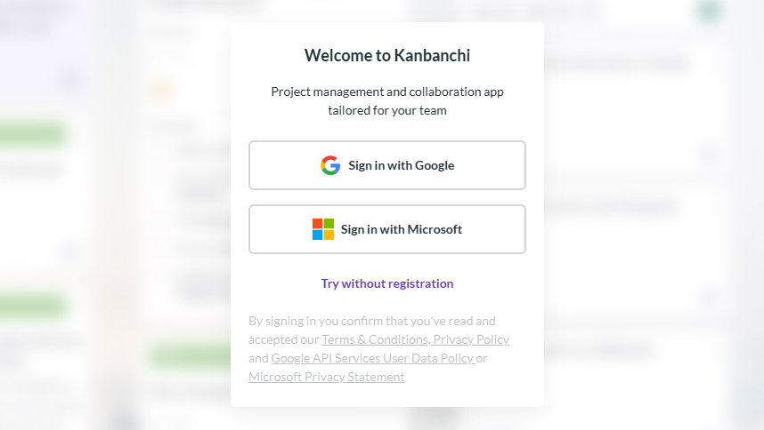 Kanbanchi Sign-Up Page – Project Management Software Registration Kanbanchi sign-up page showing account registration options and Google Workspace integration for project management software