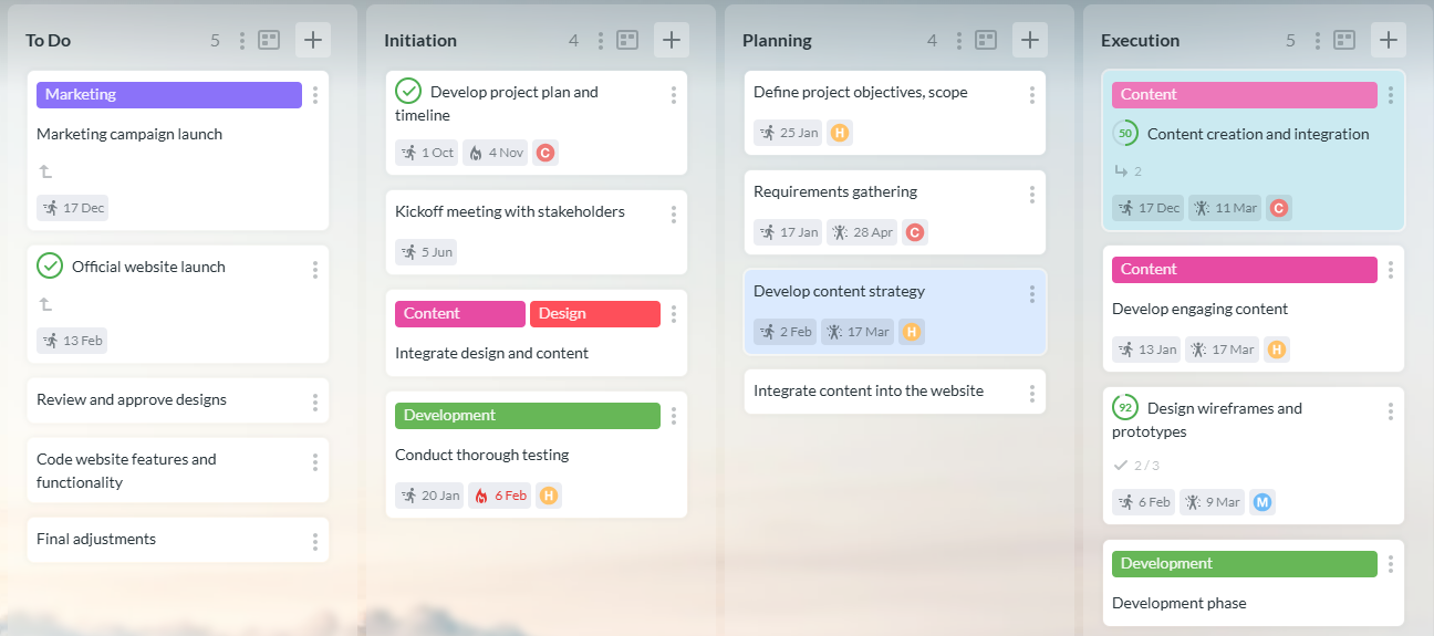 Kanbanchi Kanban Board – Visual Project Management Software Kanban board in Kanbanchi showing tasks organized into columns with color-coded cards and due dates