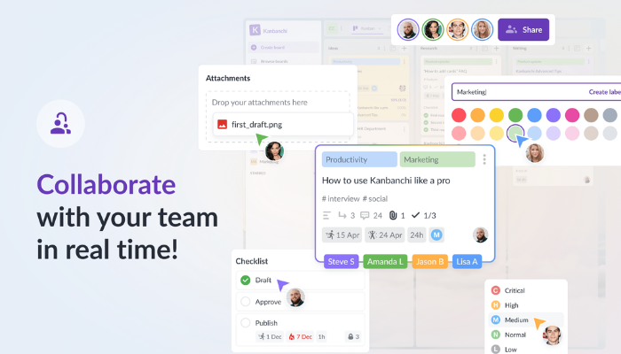 Kanbanchi Collaboration Features – Real-Time Team Project Management Kanbanchi dashboard highlighting collaborative features like team comments, real-time task updates, and shared Kanban boards