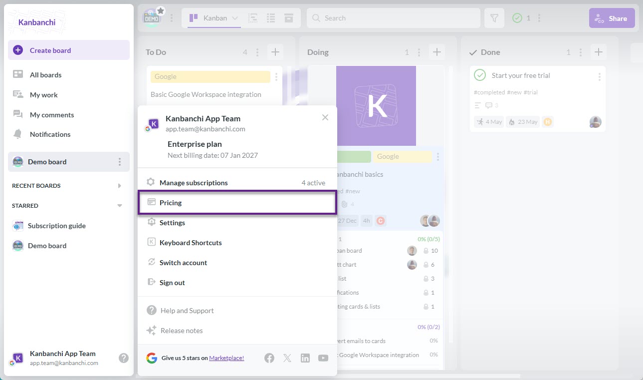 How to upgrade your Kanbanchi account: Step 2 Click Pricing in the account menu to continue upgrading your Kanbanchi account