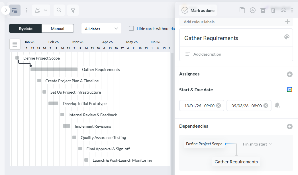 Gantt chart screenshot showing project tasks with dependency arrows
