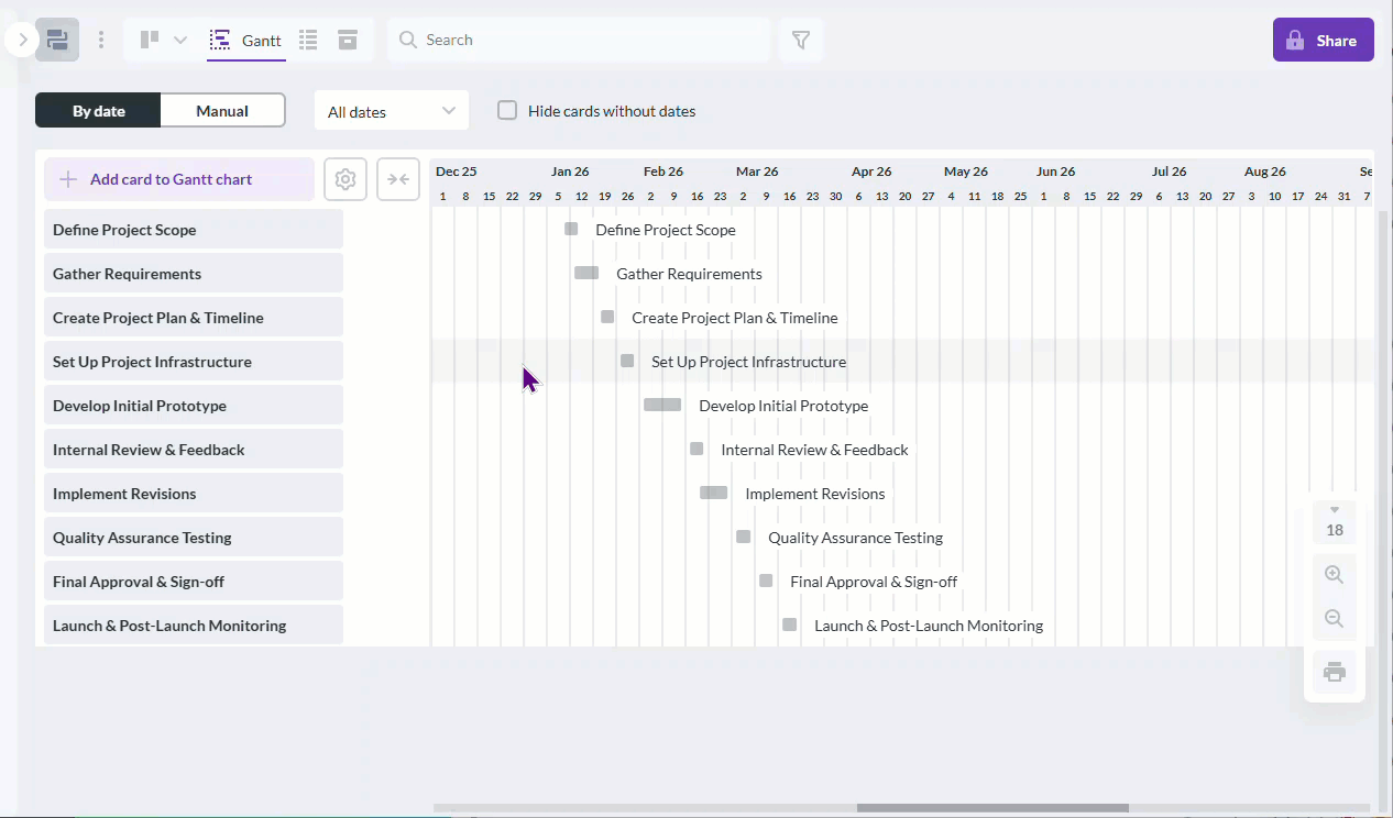 Animated GIF showing a task being dragged to adjust dates in a Gantt chart