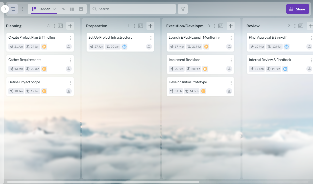 Screenshot of a project task board showing tasks with start and end dates