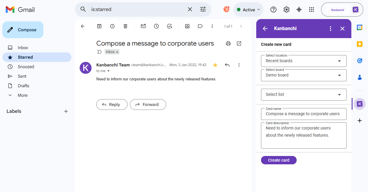 Kanbanchi interface integrated with Gmail