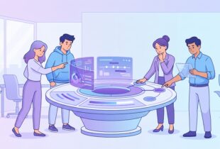 Vector illustration of four team members collaborating around a futuristic interactive table showing project management dashboards, timelines, and Kanban analytics in light purple and blue tones.