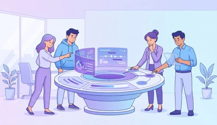 Teamwork project management digital workspace illustration Vector illustration of four team members collaborating around a futuristic interactive table showing project management dashboards, timelines, and Kanban analytics in light purple and blue tones.