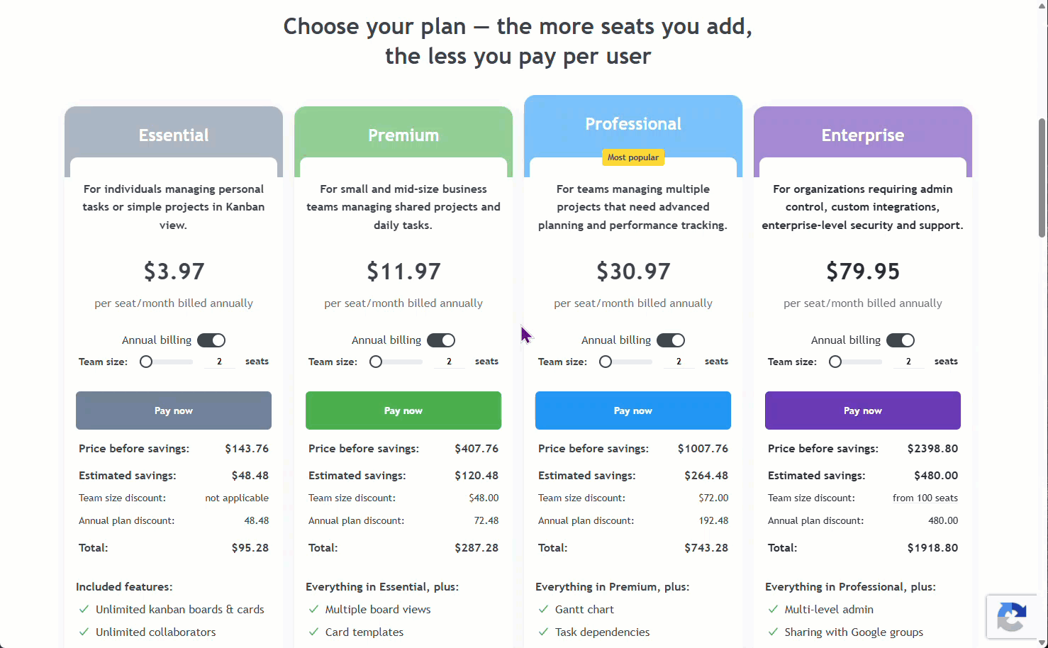 Adjusting the number of seats on the Kanbanchi Pricing page to see Kanbanchi cost and volume pricing