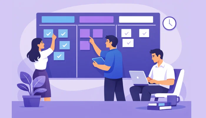 Vector illustration of a team collaborating at a kanban board with task cards in purple and blue tones.