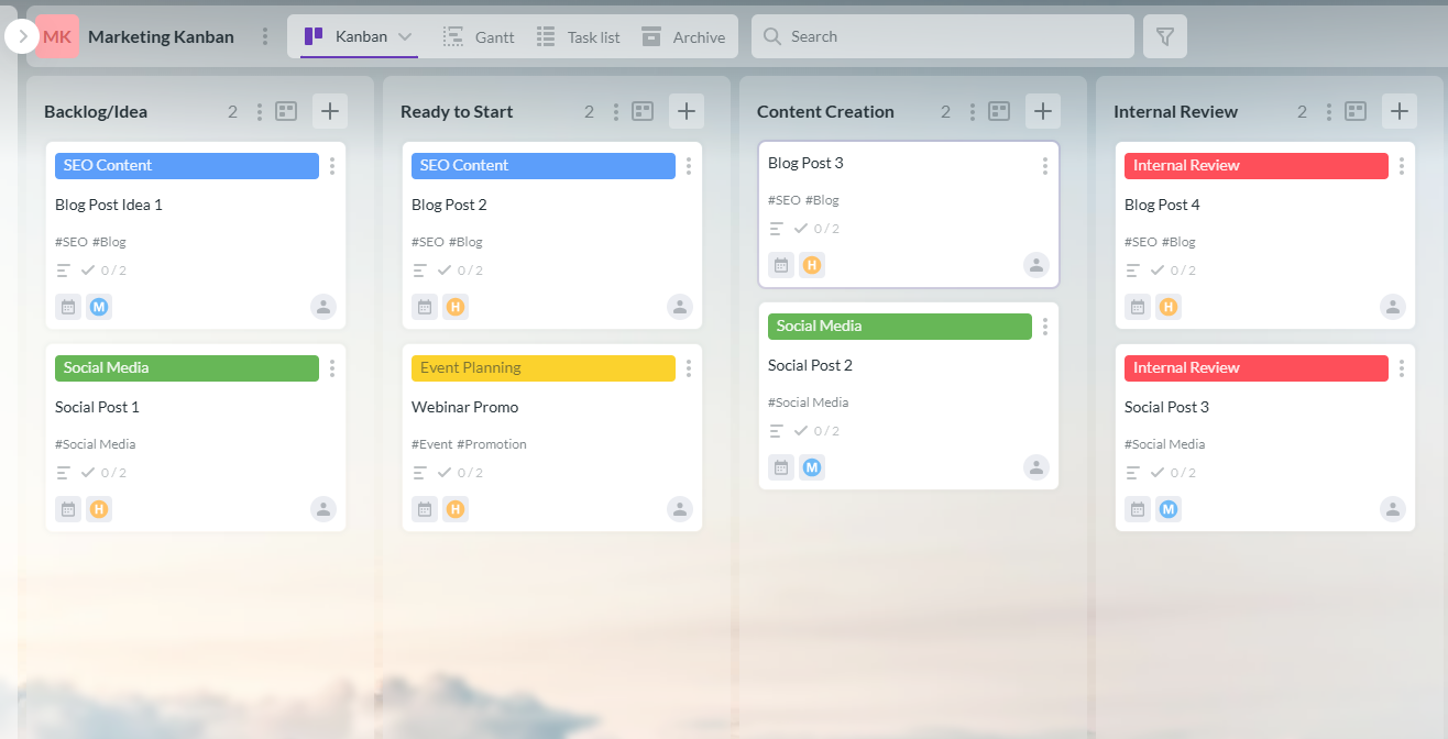 Marketing Kanban board with columns, swimlanes, and WIP limits.