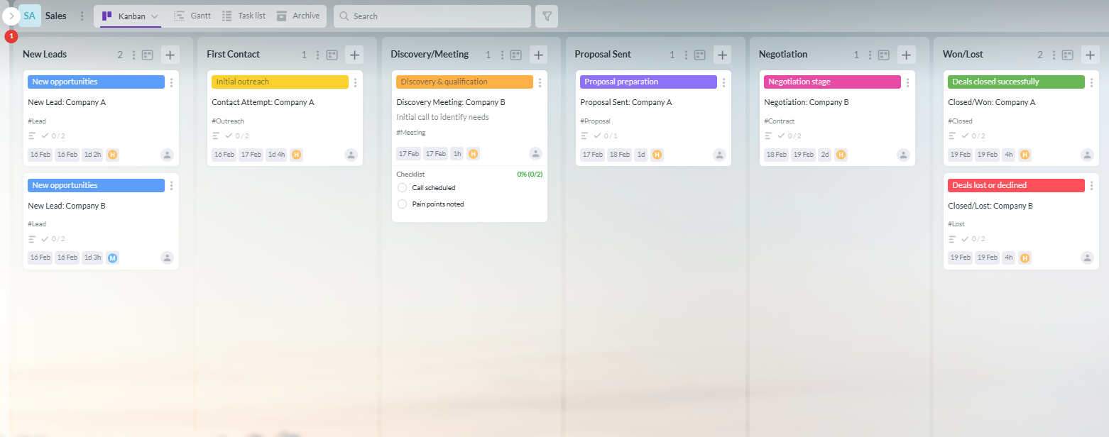 Sales CRM board showing deals moving through stages with color-coded labels for lead status, proposals, negotiation, and closed deals.