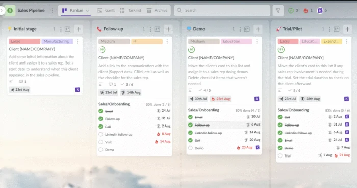 Sales CRM Kanban board showing deals moving through stages with color-coded labels for lead status, proposals, negotiation, and closed deals