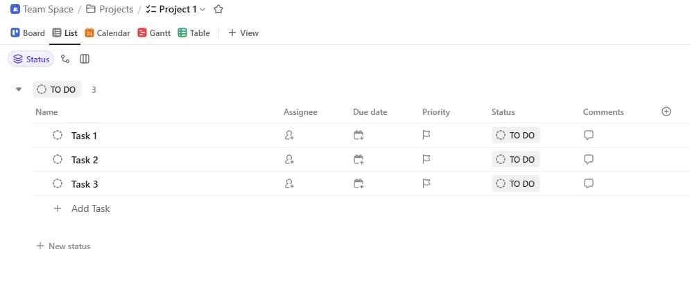 Screenshot of ClickUp interface showing a task management workspace