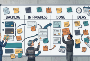 An illustration of a team collaborating around a large physical whiteboard divided into project stages with colorful sticky notes and workflow arrows