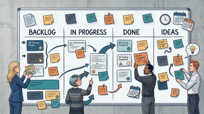 An illustration of a team collaborating around a large physical whiteboard divided into project stages with colorful sticky notes and workflow arrows