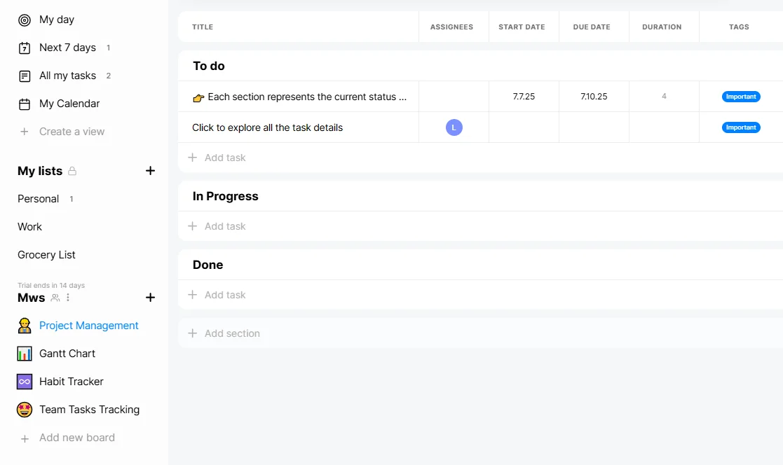 Any.do main screen for organizing workflows