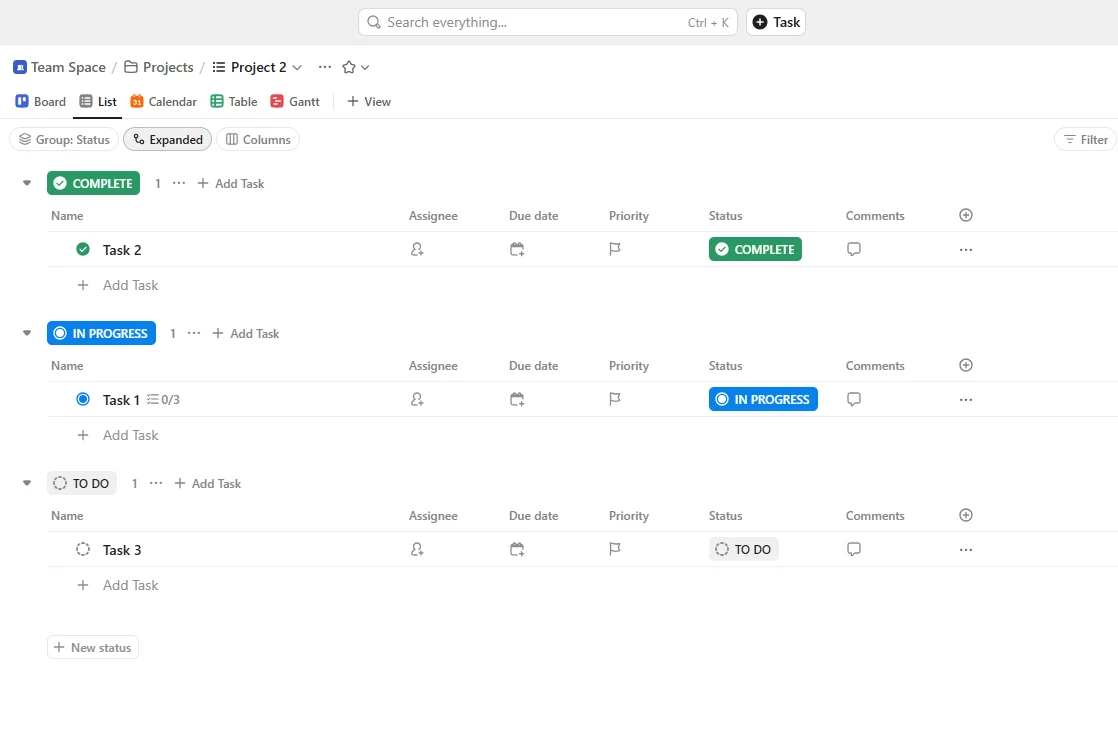 ClickUp's main screen for organizing workflows
