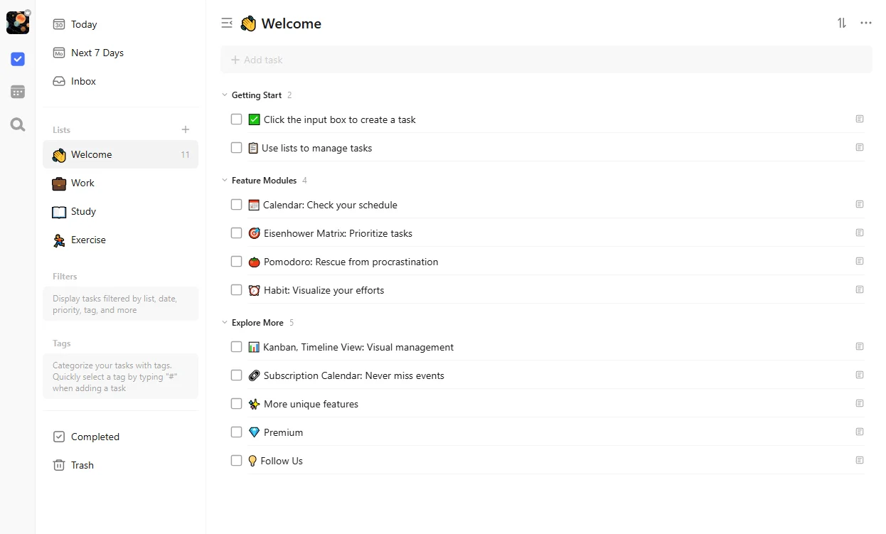 TickTick's main screen for organizing workflows