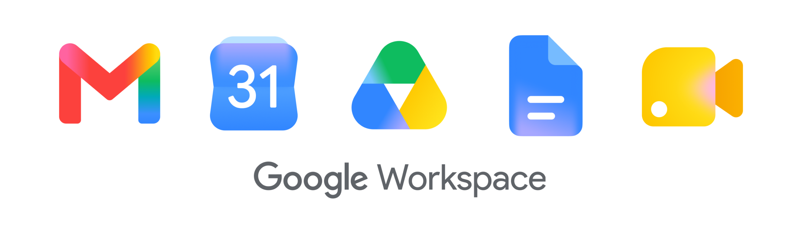 Five icons of the Google Workspace suite: Gmail, Calendar, Drive, Docs, and Meet