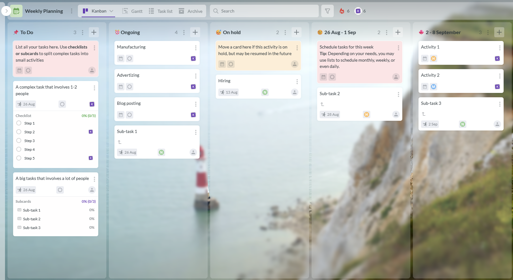 Kanbanchi weekly planning board showing task cards with checklists, subcards, due dates, and assignees organized across multiple workflow columns