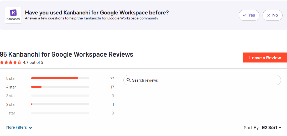 Customer review comparison on G2 for Kanbanchi and Trello