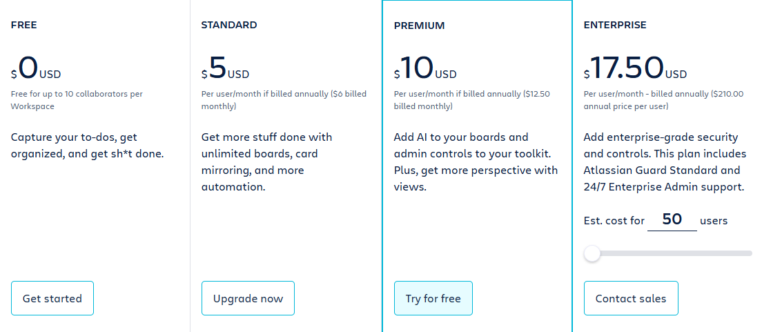 Trello pricing plans and features