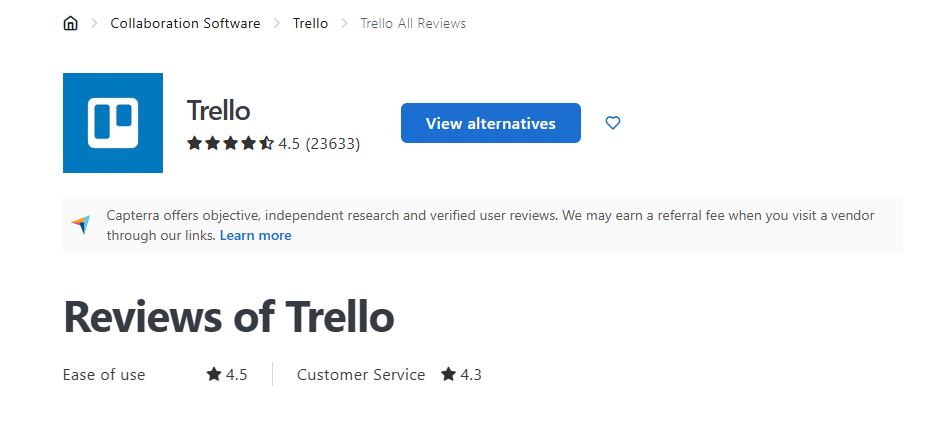 Customer review comparison between Kanbanchi and Trello on Capterra