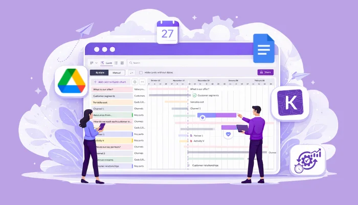 Google Workspace Gantt chart with tasks and timeline.