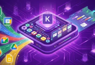 A futuristic 3D illustration showing icons for Google project management apps like Sheets, Drive, and Gmail—flowing into a central "Kanbanchi hub" that outputs an organized Kanban board and Gantt chart