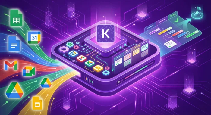 A futuristic 3D illustration showing icons for Google project management apps like Sheets, Drive, and Gmail—flowing into a central "Kanbanchi hub" that outputs an organized Kanban board and Gantt chart