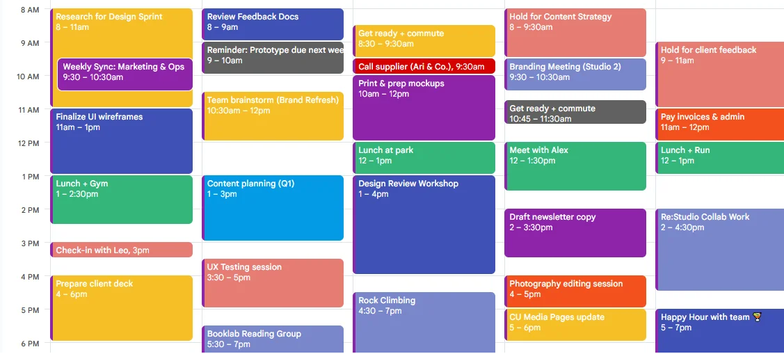 A screenshot of a fully scheduled, color-coded weekly Google Calendar displaying various project meetings and daily tasks