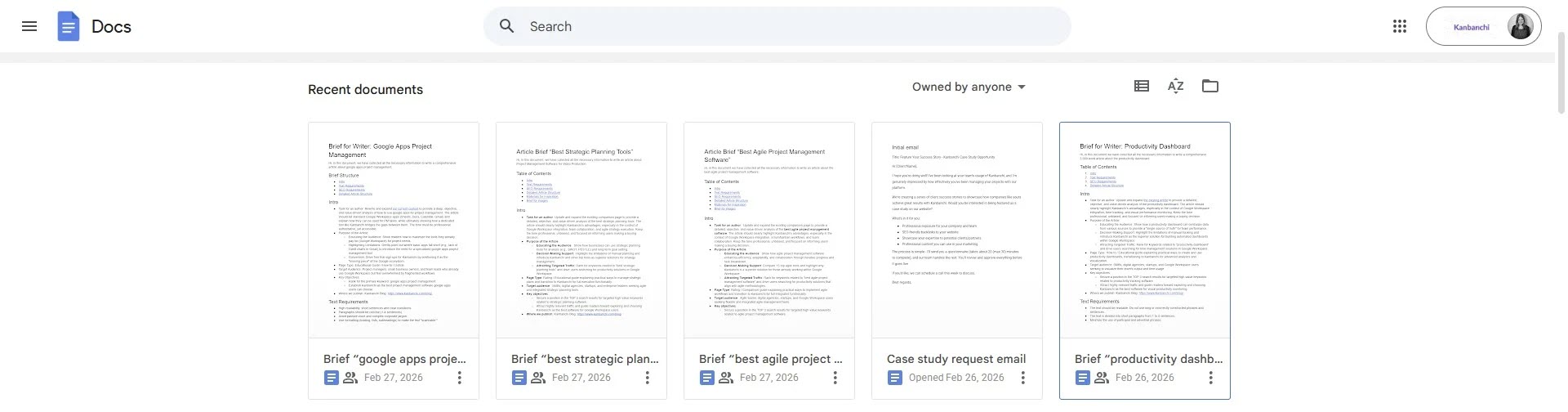 A screenshot of the Google Docs interface showing a grid of recent project documents