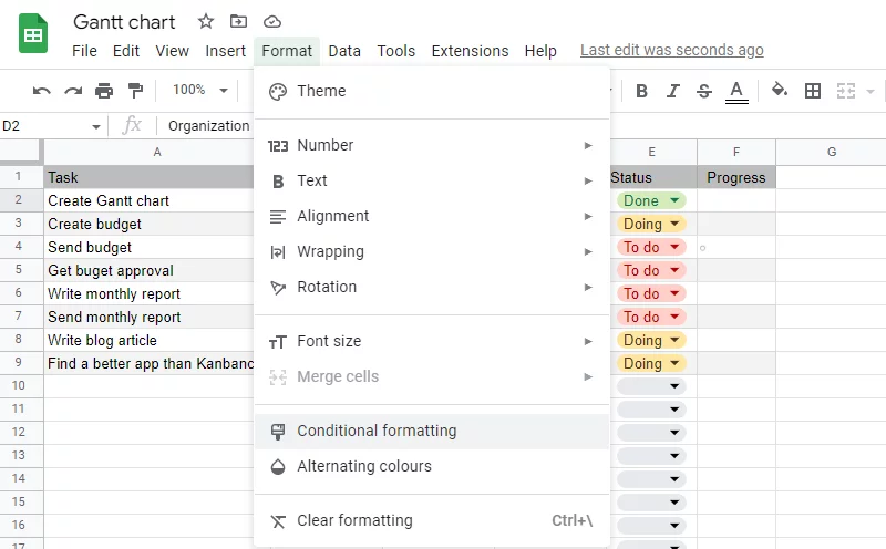 google sheets, formatação condiciona, status