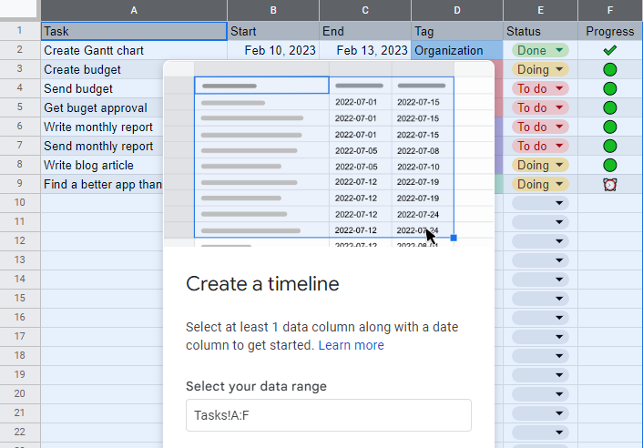 google sheets timeline, gantt chart feature