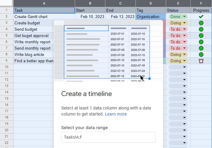 linha do tempo, recurso grafico de gantt