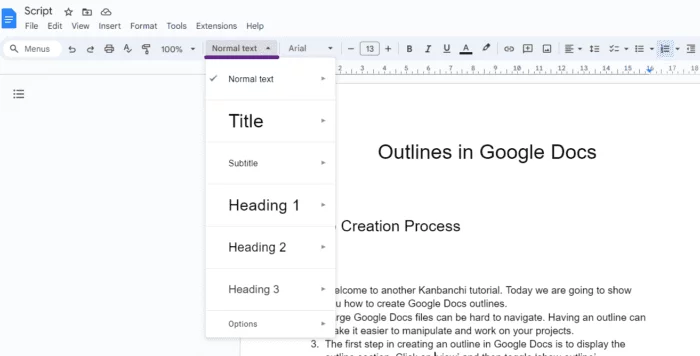 how to add outlines to google docs