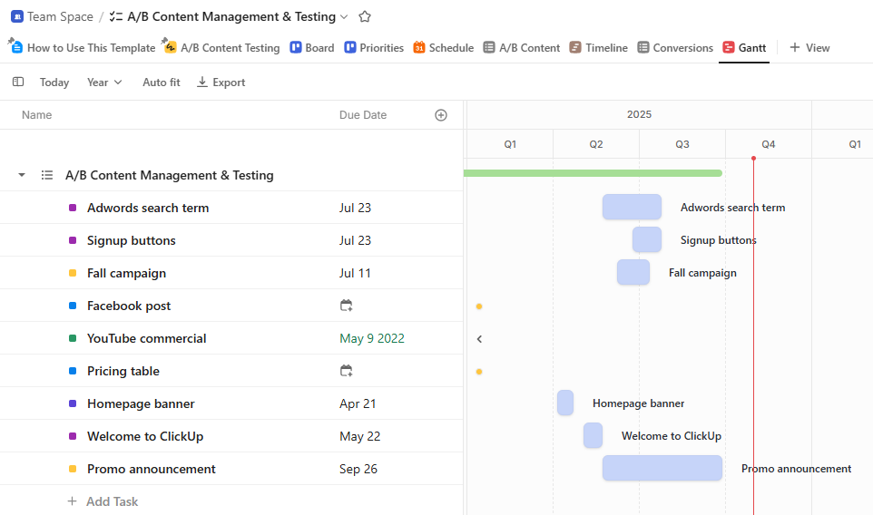 ClickUp project management tool with Gantt chart timeline
