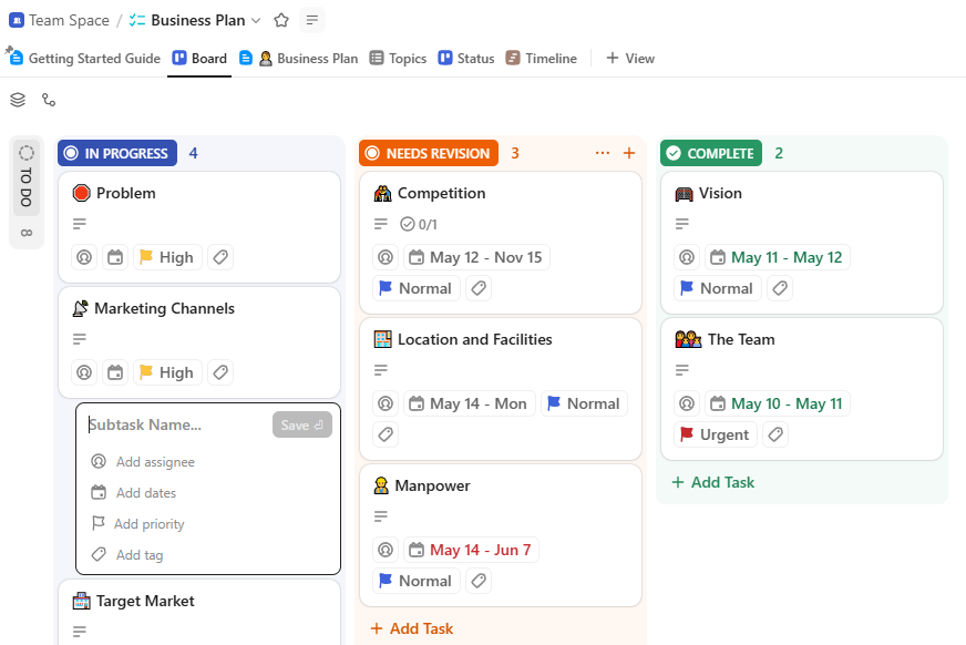ClickUp interface with customizable views and real-time collaboration features ClickUp workspace for all-in-one project and team collaboration