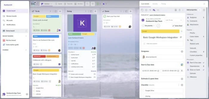 Kanbanchi interface example when using Google account