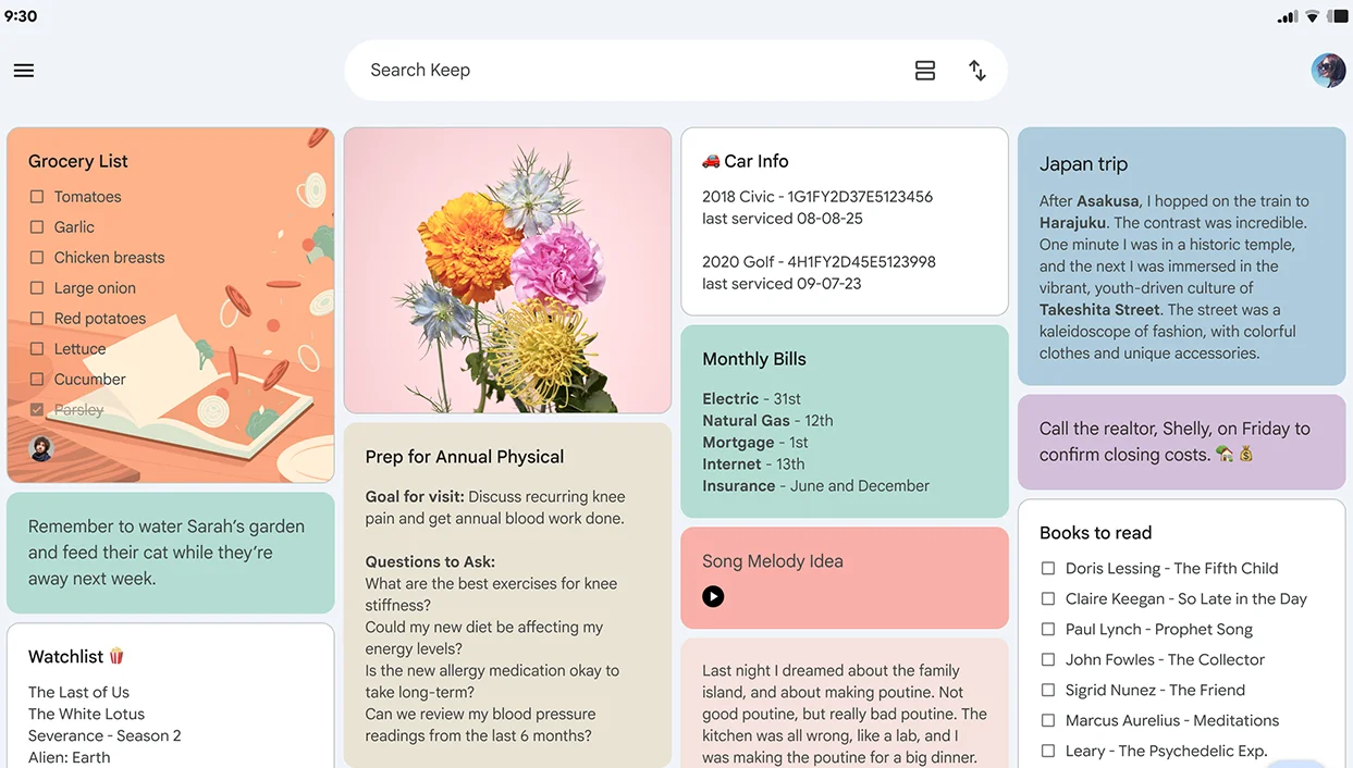 Google Keep app showing colorful notes and reminders.