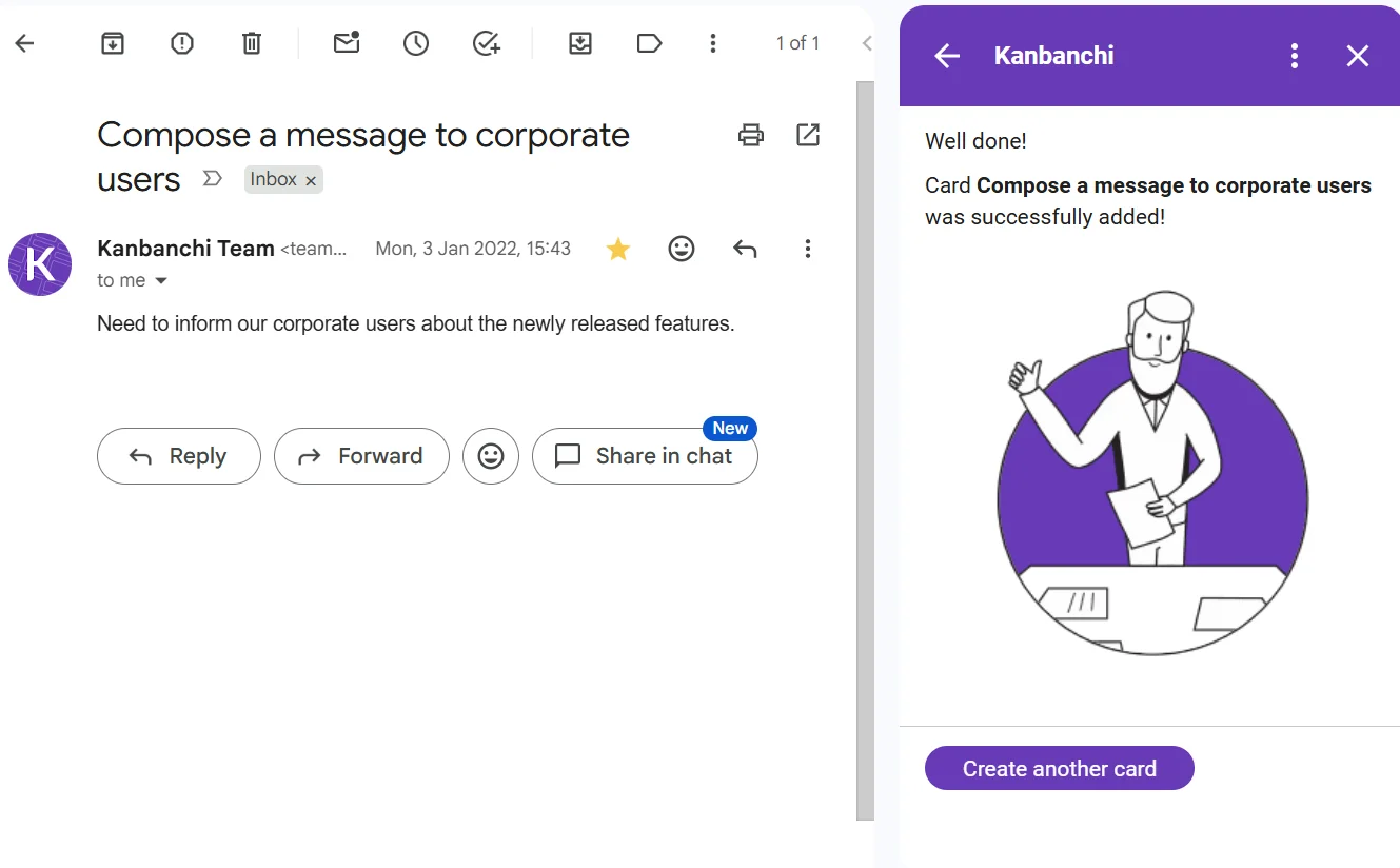 Kanbanchi Gmail add-on panel showing task creation and board access directly inside Gmail through Google Workspace integration