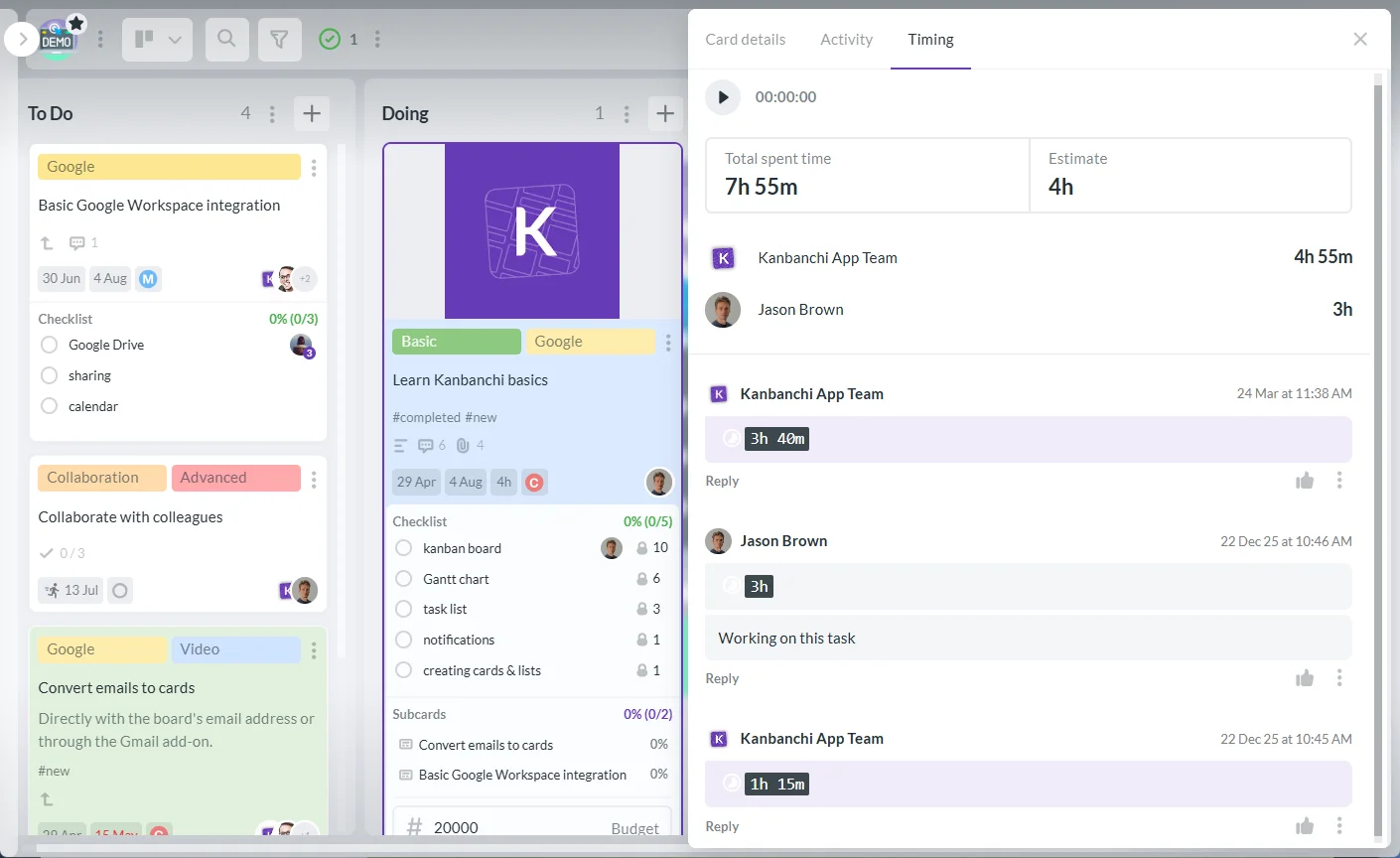 Google Workspace Task Manager with Built-In Time Tracking Kanbanchi time tracker in Google Workspace task manager showing logged work hours.