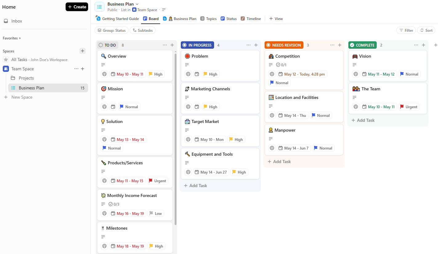 Screenshot of ClickUp interface ClickUp kanban software