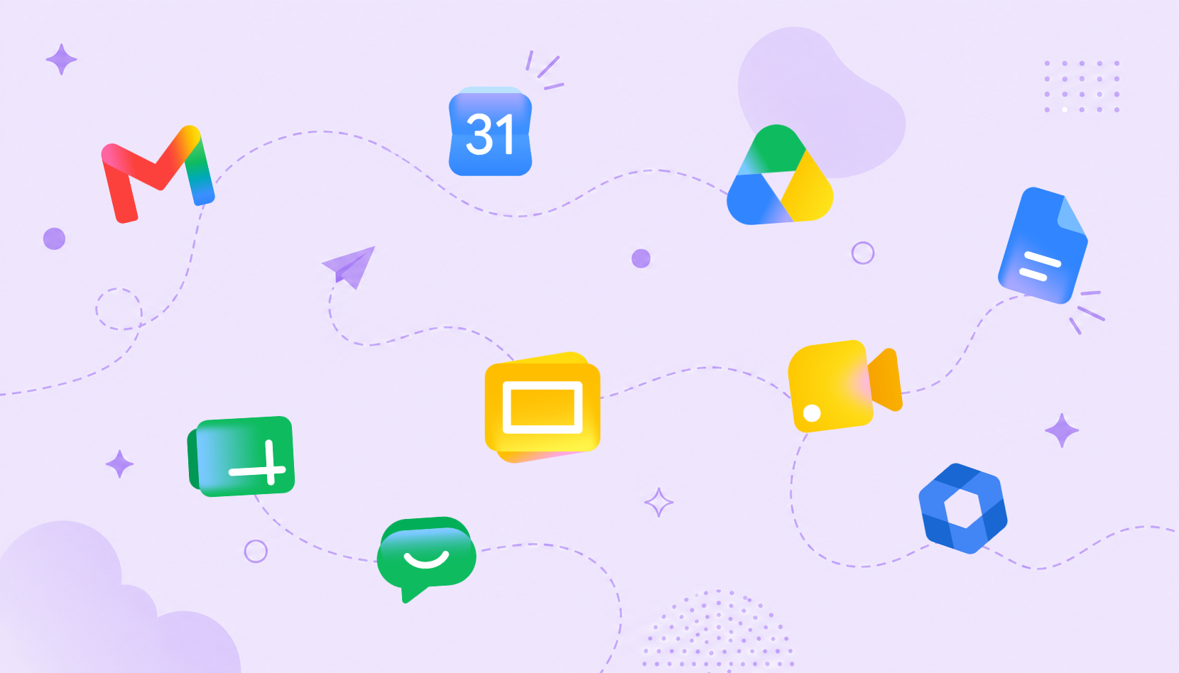 Google Workspace Features: Gmail, Calendar, Meet, Chat, Drive, Docs, Sheets, Slides & Admin Tools Google Workspace features dashboard showing Gmail, Calendar, Meet, Chat, Admin Console, Drive, Docs, Sheets, and Slides applications