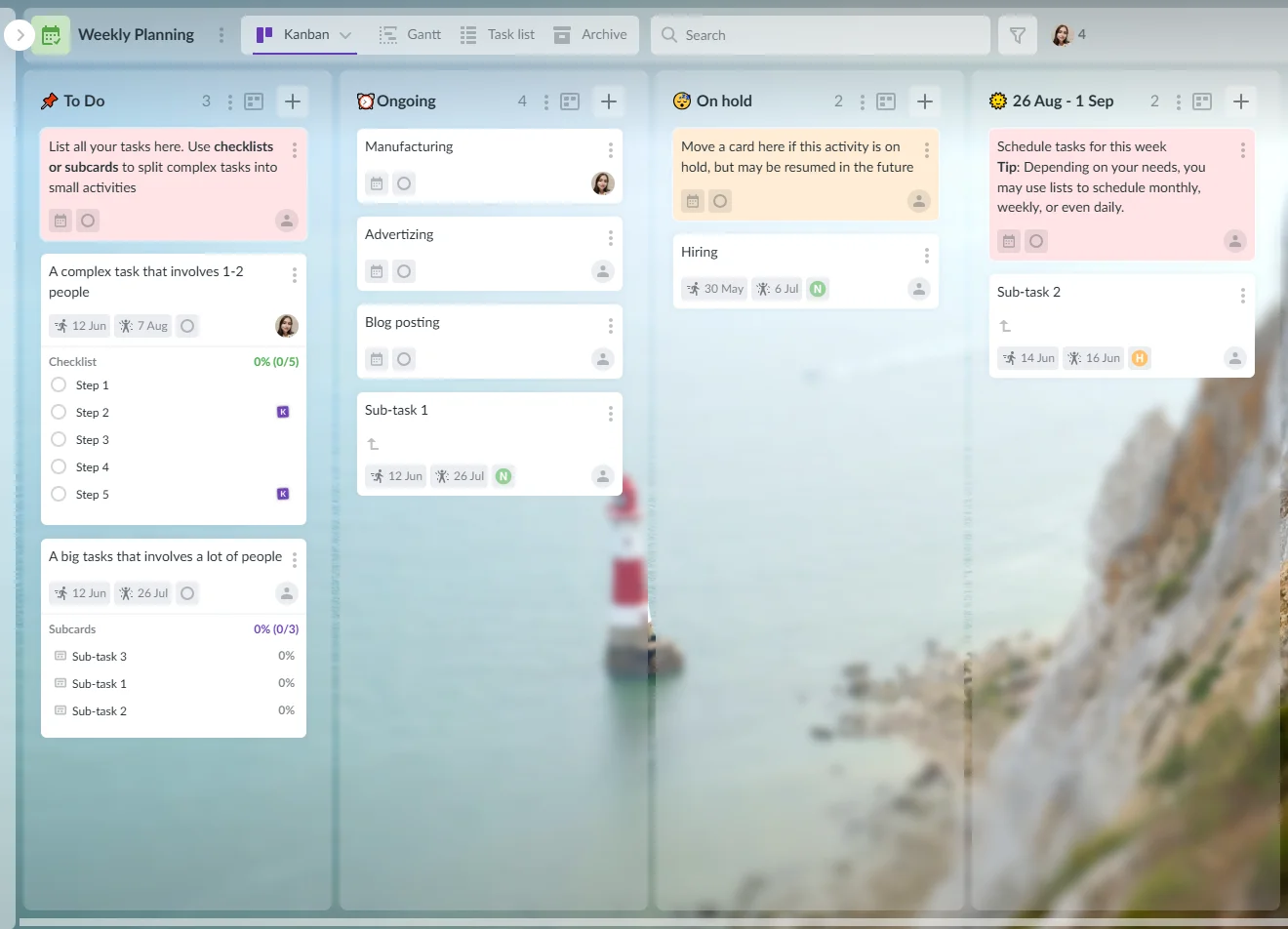 Screenshot of Kanbanchi interface: a Kanban board for weekly planning Kanbanchi Kanban tool