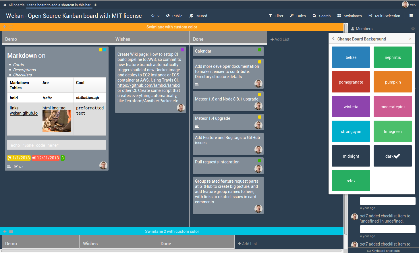 Screenshot of WeKan interface WeKan kanban software