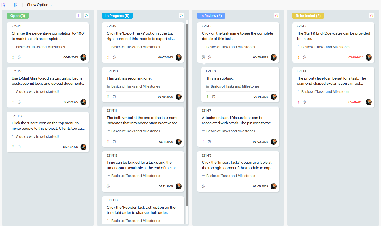 Screenshot of Zoho Projects interface Zoho kanban tool