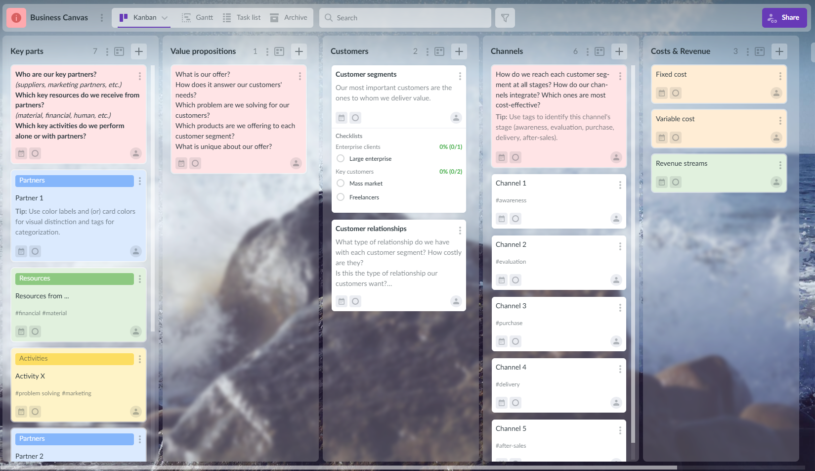 Use Kanbanchi’s Kanban board to structure your business model visually with drag-and-drop simplicity Kanbanchi Kanban board used for organizing a business model canvas